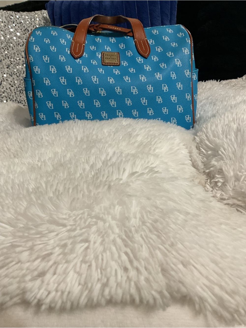 Dooney & Bourke Turquoise Logo Travel Satchel with Brown Trim